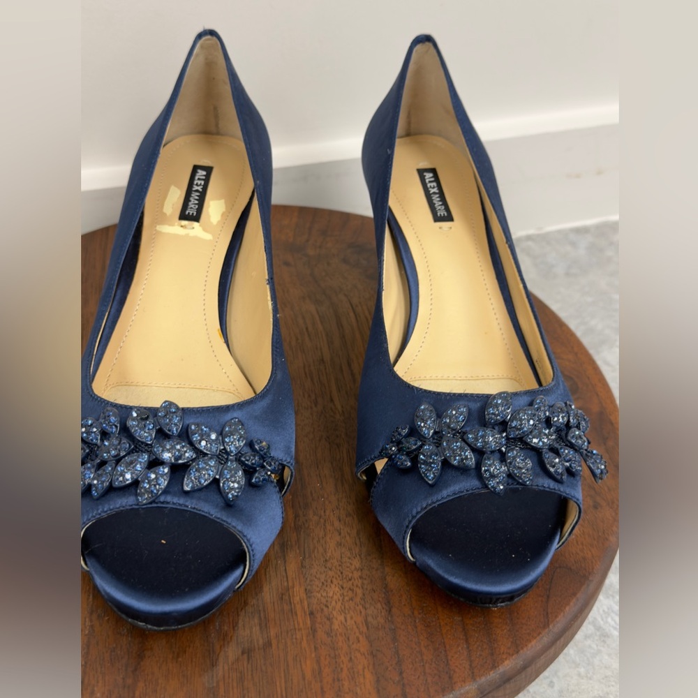 Alex Marie Midnight Blue Peep-Toe Kitten Heels with Floral Detail